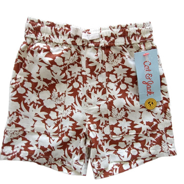 NUEVO Short Cat & Jack 18M Café. Estampado hojas y flores blancas.