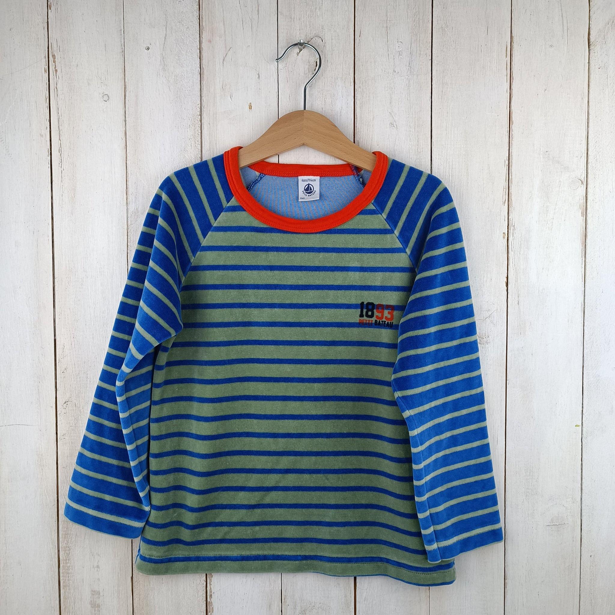 Polera Petit Bateau Talla 6 Rayas horizontales Grises y Azules. Tipo Plush