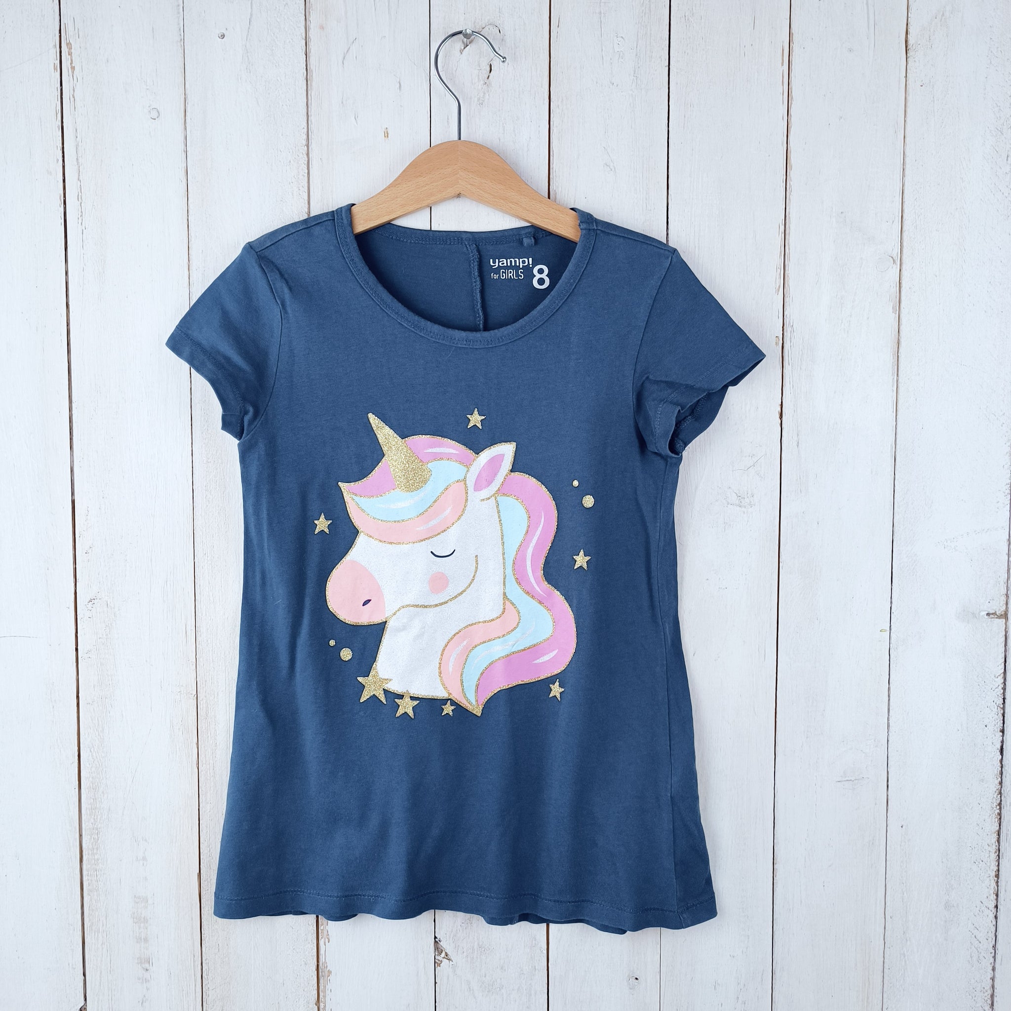 Polera Yamp Talla 8 Azul. Unicornio