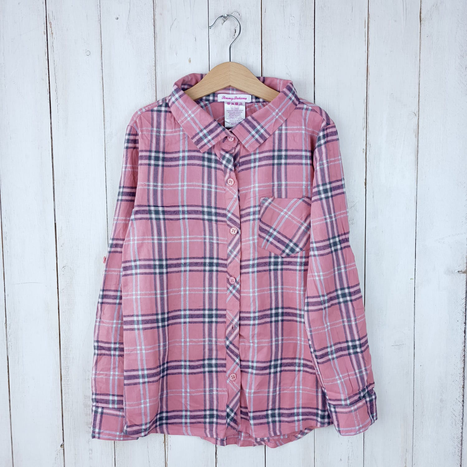 Blusa Tommy Bahama Talla 10 Rosa viejo. Cuadrillé.