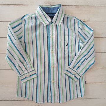 Camisa NauticaT4 Blanca con líneas verticales azul, calipso y verde