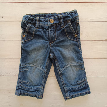 Jeans Impidimpi Talla 6-9M Mezclilla Oscura. Forrado de algodón