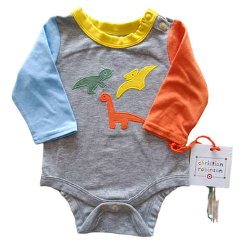 NUEVO Body Christian Robinson Talla 0-3M Gris. Dinosaurios.