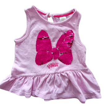 Vestido Disney 12M Rosado. Moño Minnie de lentejuelas