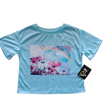 NUEVA Polera Art Class Talla 4-5  Celeste. Arcoiris con flores.