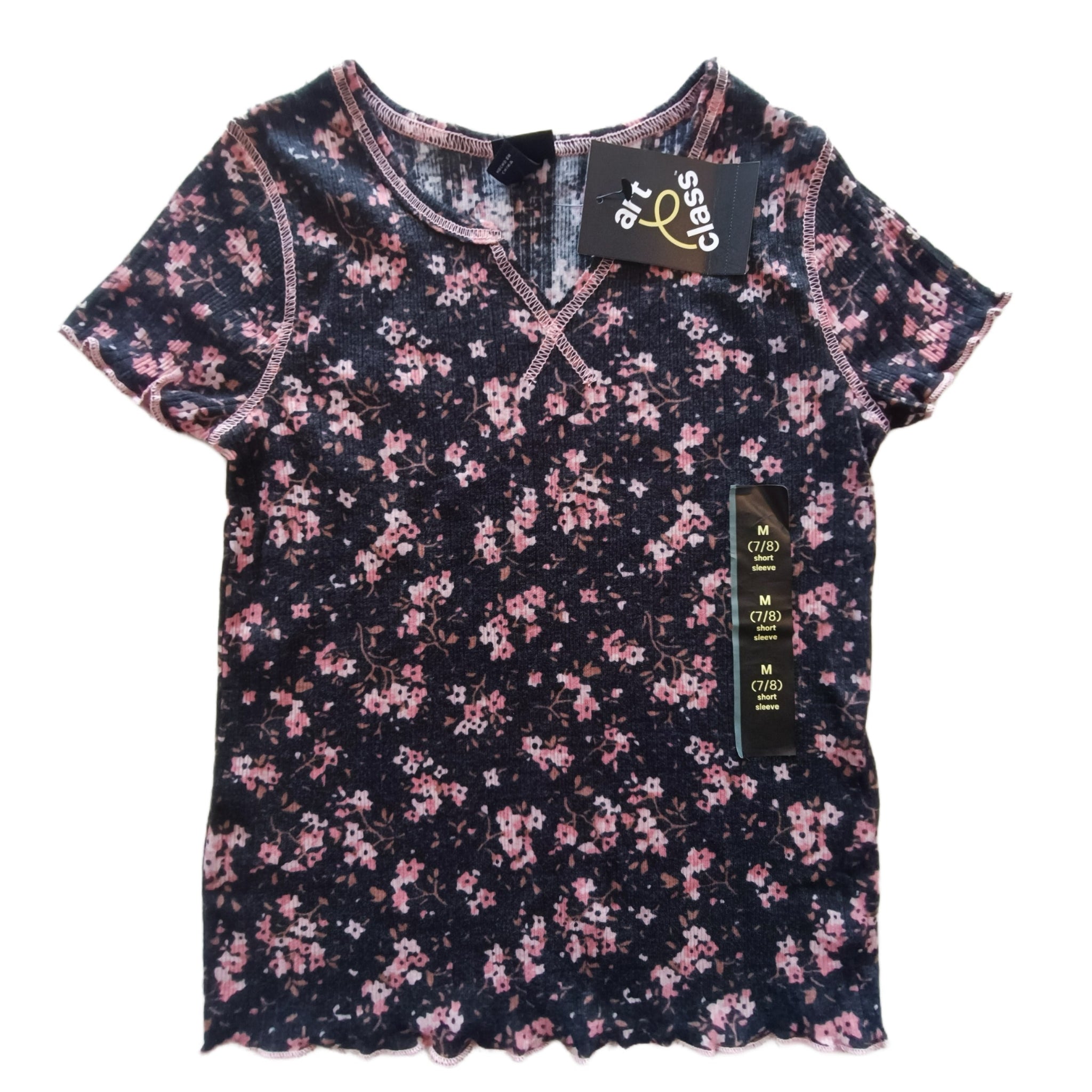 NUEVA Polera Art Class T7-8 Negra. Flores rosadas.