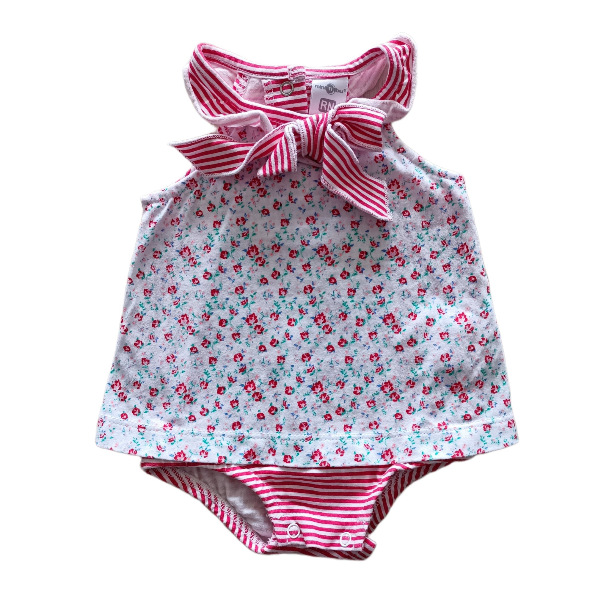 Enterito mini Tribu 0-3M Blanco rayas rojas y  flores. Moño rayado.