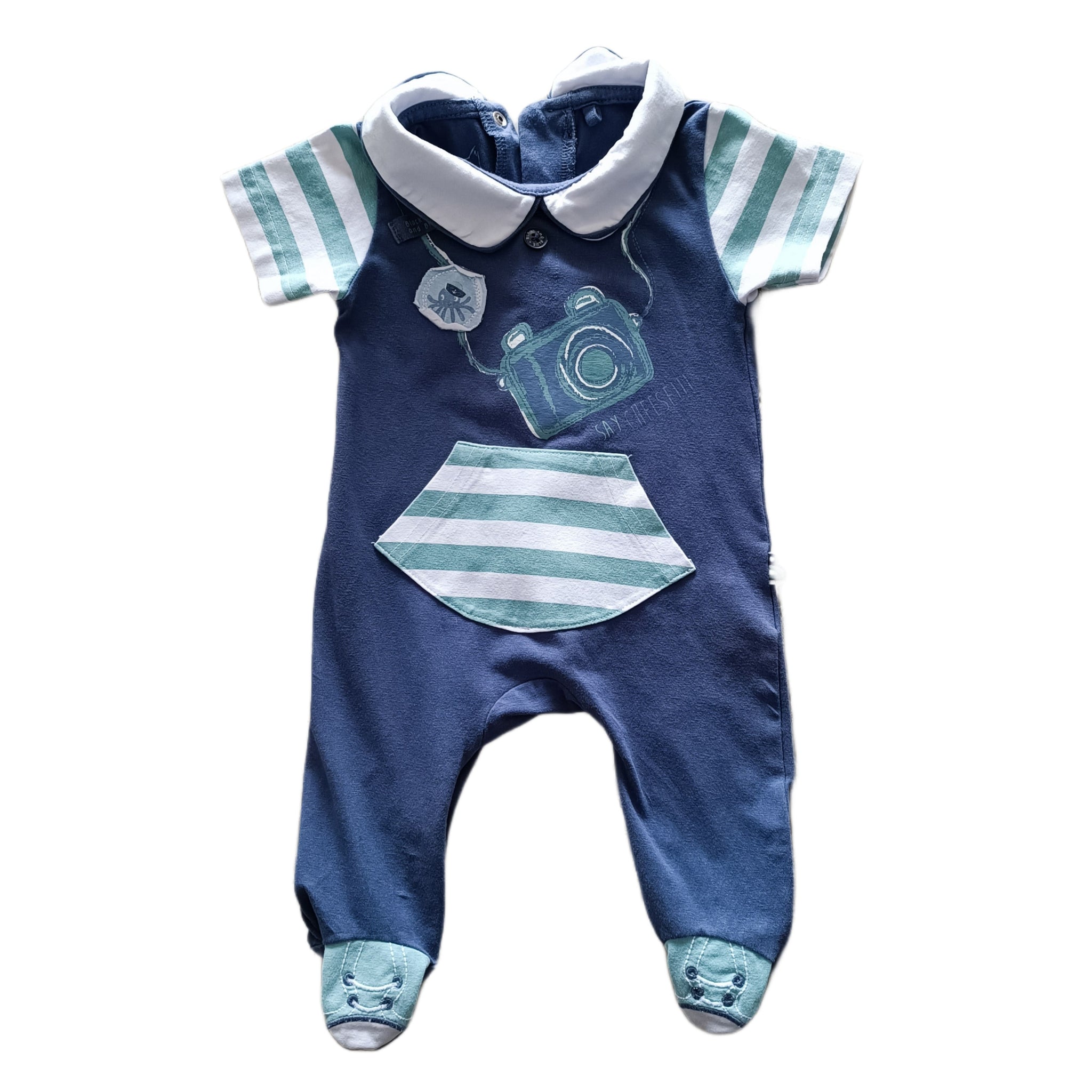 Osito Black and Blue 0-3M Azul. Cuello blanco. Máquina fotográfica.