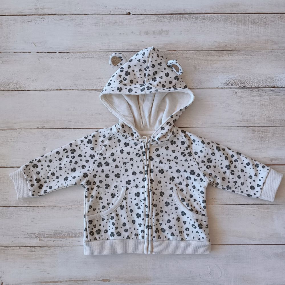 Polerón Zara Niña 3-6M Blanco flores grises Gorro